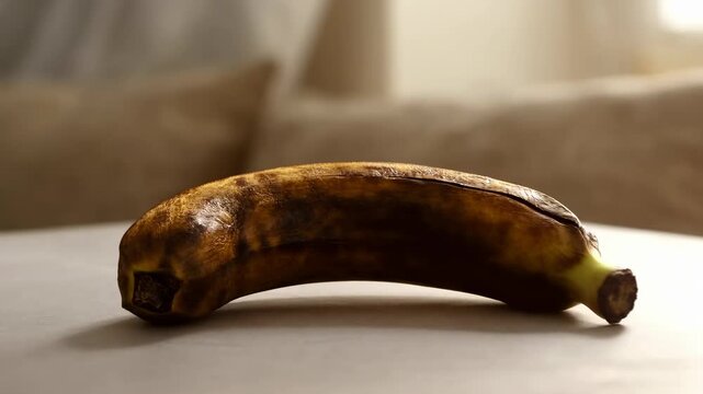 Time lapse of banana aging and rotting from ripe yellow to overripe brown spotted on table surface