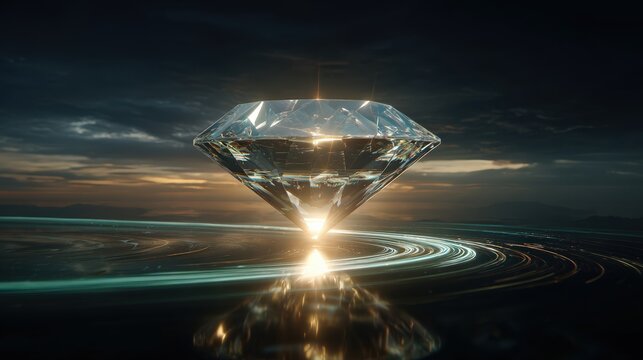 A brilliant diamond, the epitome of luxury and rarity, reflects the dramatic sky and light in a surreal, ethereal setting. ..Created with Generative AI, not depicting real subjects.