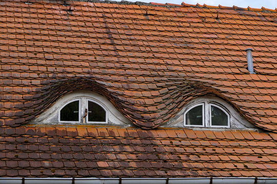 Weathered terracotta roof tiles with dormer windows under a winter sky