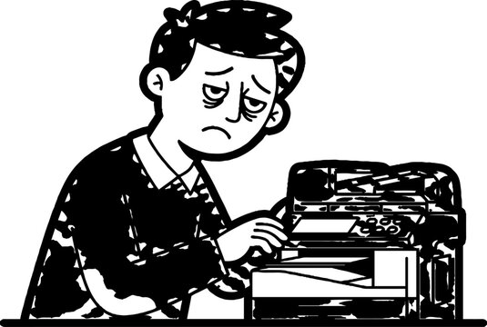 Frustrated young man using an old typewriter machine.