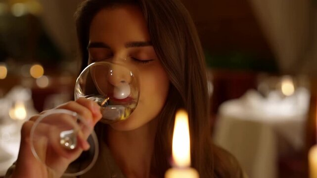 Slow zoom shot of young woman with eyes closed drinking white wine in candlelit restaurant at dinner