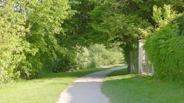 Scenic paved walking path winding through lush green grass and overhanging trees on a bright sunny day