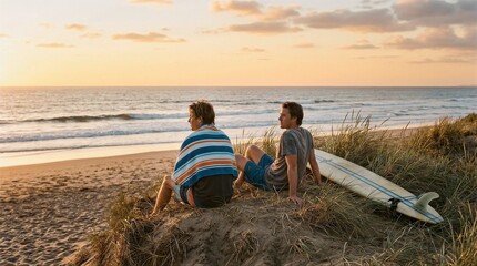 Fototapeta premium Two young men relaxing on beach dunes watching ocean at golden hour