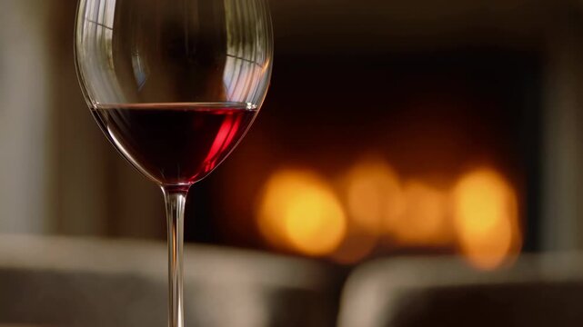 Slow zoom shot of red wine glass in foreground with warm glowing fireplace bokeh background, cozy interior