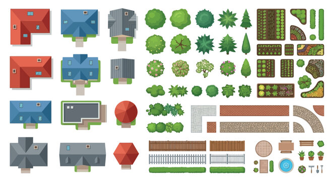 Top down building and landscape elements vector illustration on white background