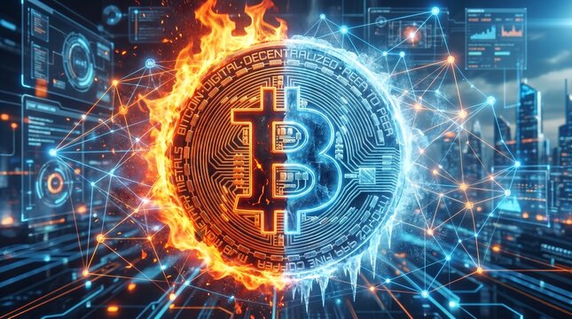 Bitcoin digital currency blazing hot and frozen in icy blockchain technology and data networks illustration