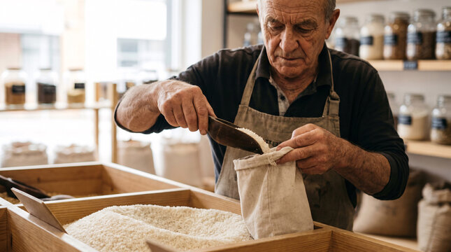 Senior Man Buying Bulk Food to Minimize Packaging Waste

