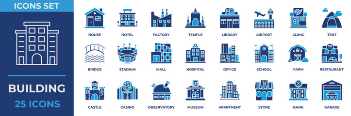 Fototapeta premium Building Icon Collection Set. Containing icon building, house, hotel, factory, library, airport, clinic, tent, bridge, stadium, mall, hospital, airport, office and more. Flat Blue Vector Illustration.