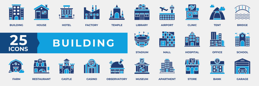Building Icon Set. Containing icon building, house, hotel, factory, temple, library, airport, clinic, tent, bridge, stadium, mall, hospital, airport, office and more. Simple Flat Vector Illustration.