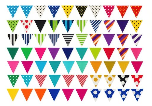 Set of colorful triangle bunting flags with various patterns