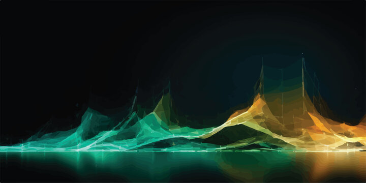 Abstract organic wave of green and orange particles forming a luminous digital energy pattern on a black background with computer generated technology background science digital