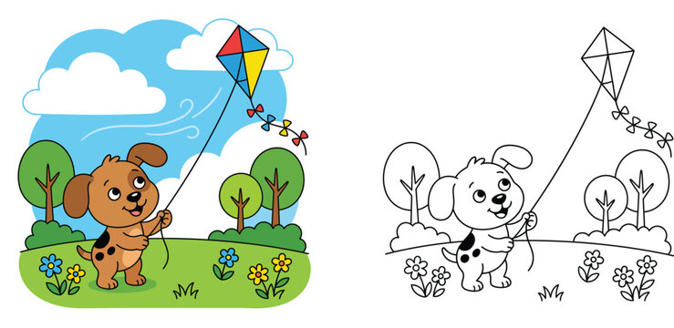 Cute puppy flying a kite coloring book page set with colored example and black and white outline illustration for kids activity sheet vector