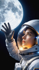 Obraz premium Explorer in white spacesuit reaching toward moon in outer space. Close-up of woman looking at lunar surface with hand raised.
