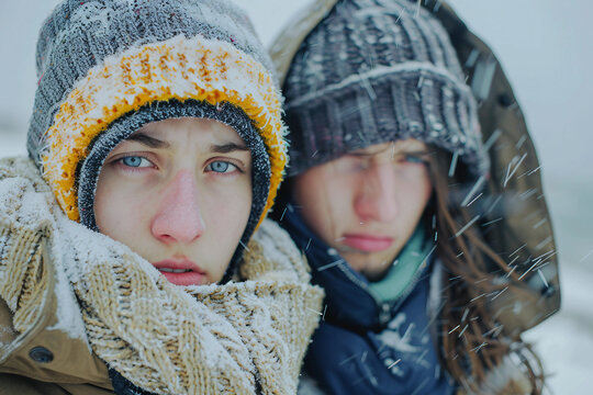 People Freezing at the Seaside During Cold Winter Vacation with Snow on Beard and Face Generative AI