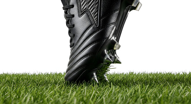 Close-up side view of a black leather soccer cleat with silver metal studs pressing into lush green grass isolated on a white background, highlighting sports equipment detail.