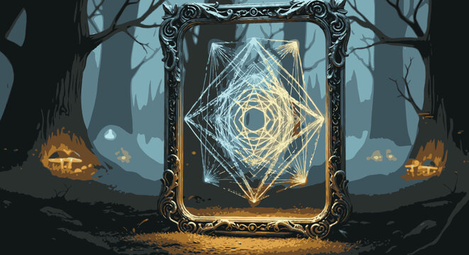 Glowing portal in a mystical forest with a geometric pattern
