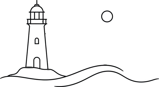 Simple black and white of a church with a steeple and a crescent moon bell tower