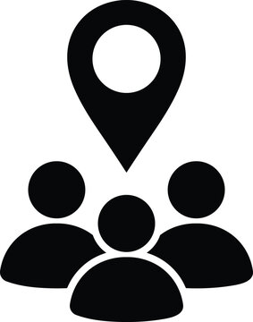 Black location pin above group of three abstract people on white background, marker