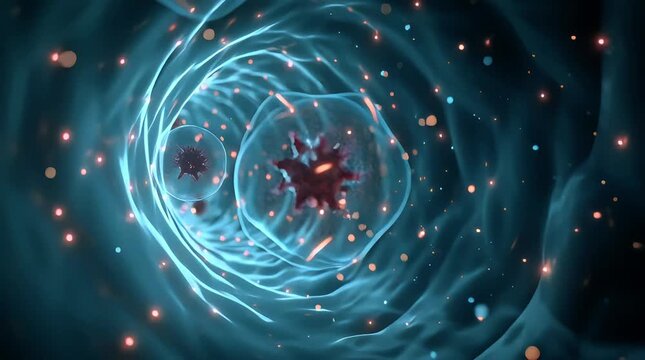 Microscopic view of biological human cell membrane structure with glowing nucleus and infectious pathogens under laboratory medical scientific research visualization