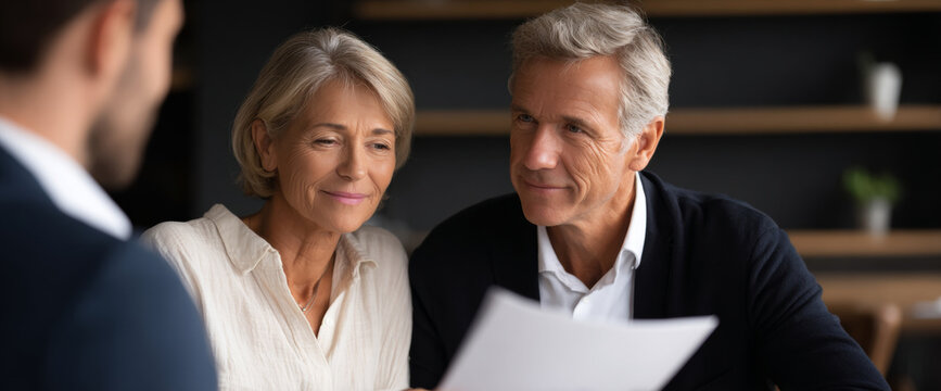 Mature couple reviewing documents with advisor