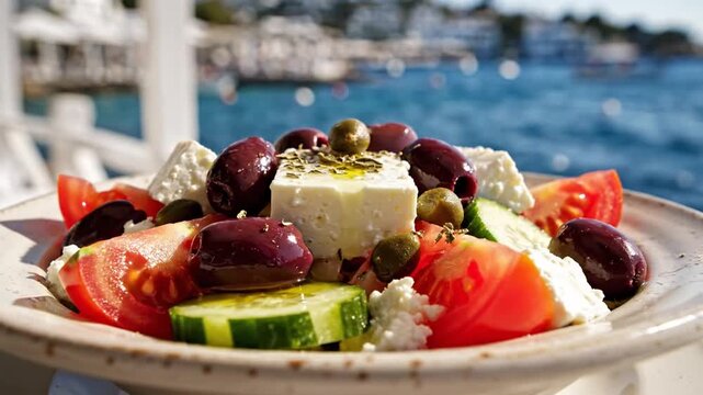 A delicious Greek salad with feta cheese, olives, and vegetables on a plate by the sea.