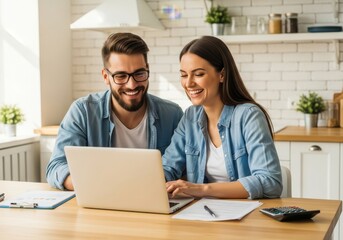 Fototapeta premium Happy young couple managing finances together on a laptop in their bright kitchen at home.