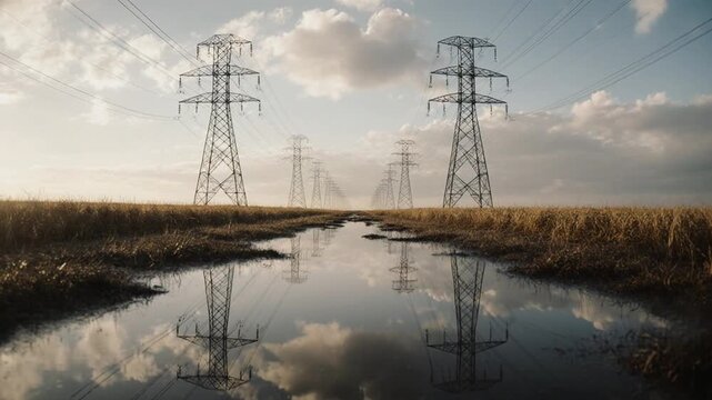 Torres de eletricidade e linhas de energia el&eacute;trica atravessando um campo rural sob um c&eacute;u nublado e din&acirc;mico.