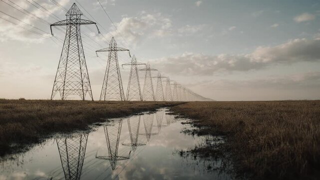 Torres de eletricidade e linhas de energia el&eacute;trica atravessando um campo rural sob um c&eacute;u nublado e din&acirc;mico.