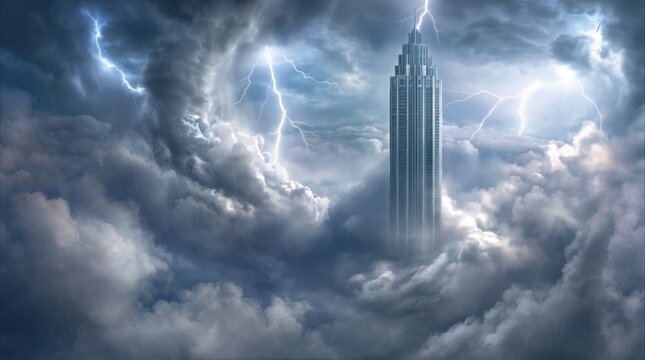 Solitary skyscraper rising above dense storm clouds with lightning strikes. Surreal architectural concept of a tall building amidst a massive cloud vortex and electrical discharges.