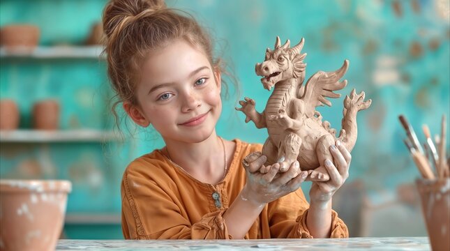 Girl holding a detailed clay dragon sculpture in a pottery studio. Creative hobby and art education for children.