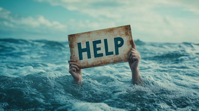 Desperate person holding a help sign while struggling in rough ocean water, symbolizing danger, survival, emergency, crisis, mental health, rescue, fear, stress, and the urgent need for support.