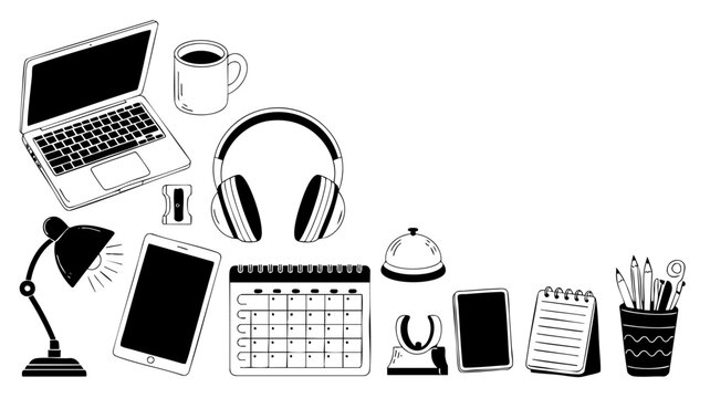 Hand drawn black horizontal banner with laptop, headphones, coffee mug for back to school website header