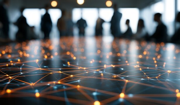 Business networking and global connection concept with digital light mesh on foreground.