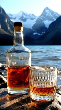 Whiskey bottle and glass by lake, mountain background