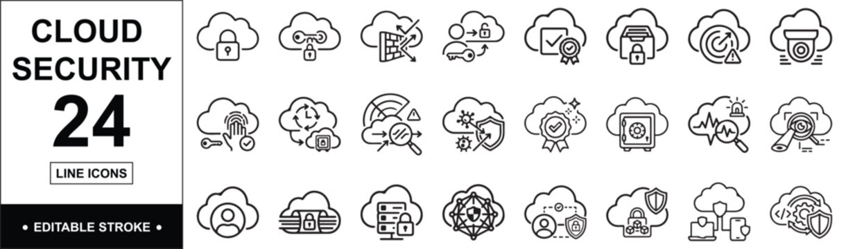 Cloud Security Line Art Icons Pack &ndash; Data Protection, Encryption, Firewall & Cybersecurity Vector Set