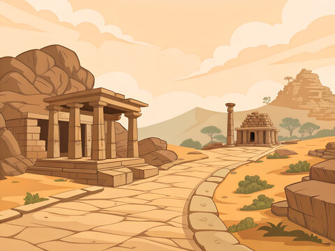 Ancient ruins of Hampi in flat vector style, warm rocky terrain