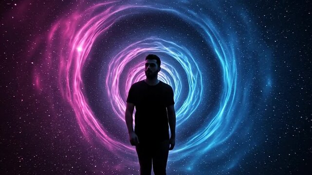 Man in silhouette facing a colorful nebula vortex in deep space.