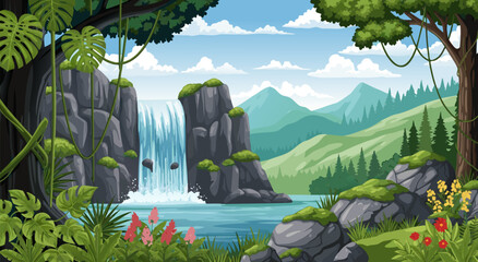 Lush jungle vector illustration majestic waterfall cascades into a serene lake with tropical foliage and mountains © Purnomo