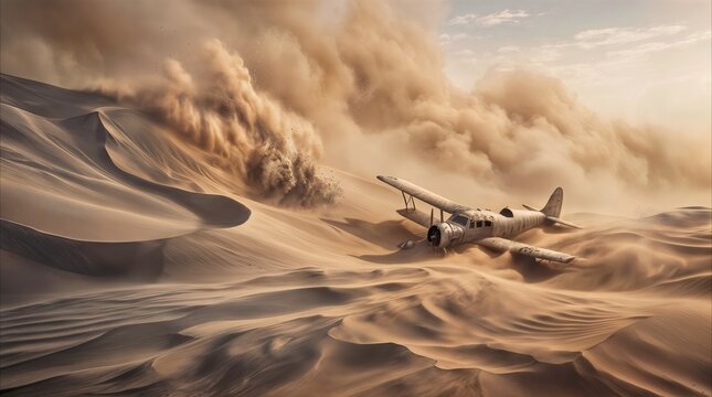 Vintage airplane crashed in desert dunes during massive sandstorm. Propeller plane half buried in sand under dramatic dust clouds in arid landscape.