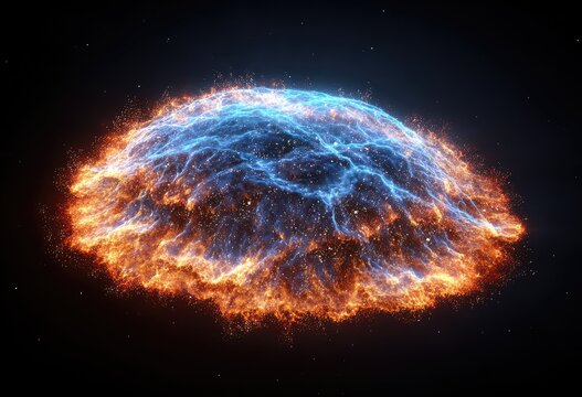 A giant cosmic eye emerging from a supernova cloud, radiant blue iris made of plasma, fiery orange veins forming intricate patterns, staring through the universe, surreal space art, dramatic lighting,