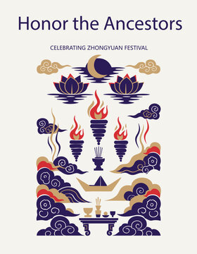 Zhongyuan flat illustration with floating lanterns, joss paper, crescent moon for Asian holiday graphics