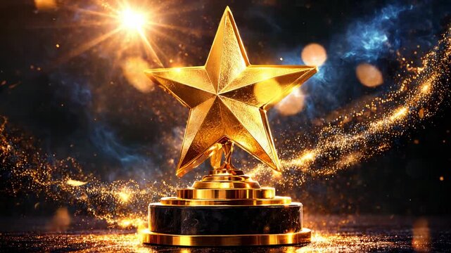 Golden award star trophy glowing on cosmic background with sparkling light and celebration atmosphere