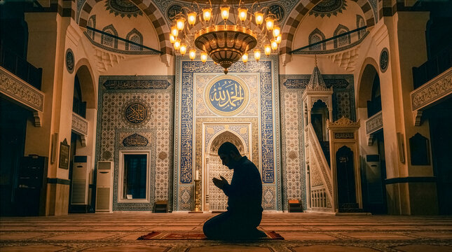 Man prays on a rug inside a beautifully lit mosque with ornate chandeliers.