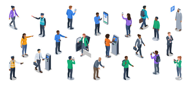 Smart parking people set | Diverse citizens paying for car space and using transport mobile apps | Isometric vector illustration