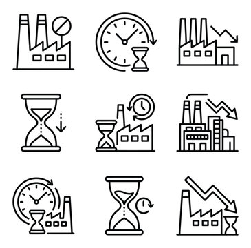 Set of line icons representing industrial downtime, factory production delays, and manufacturing efficiency decline