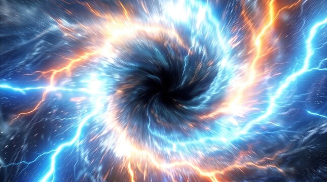 Vortex of swirling energy and electrical discharges. Abstract black hole concept with glowing plasma in deep space.