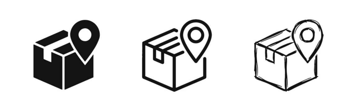 Parcel delivery tracking icons set. Box with location pin symbol in three styles.
