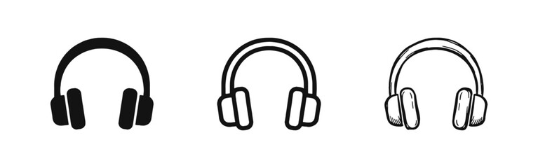 Headset and headphones icon set for music and support. Three different design styles. © drawing lines