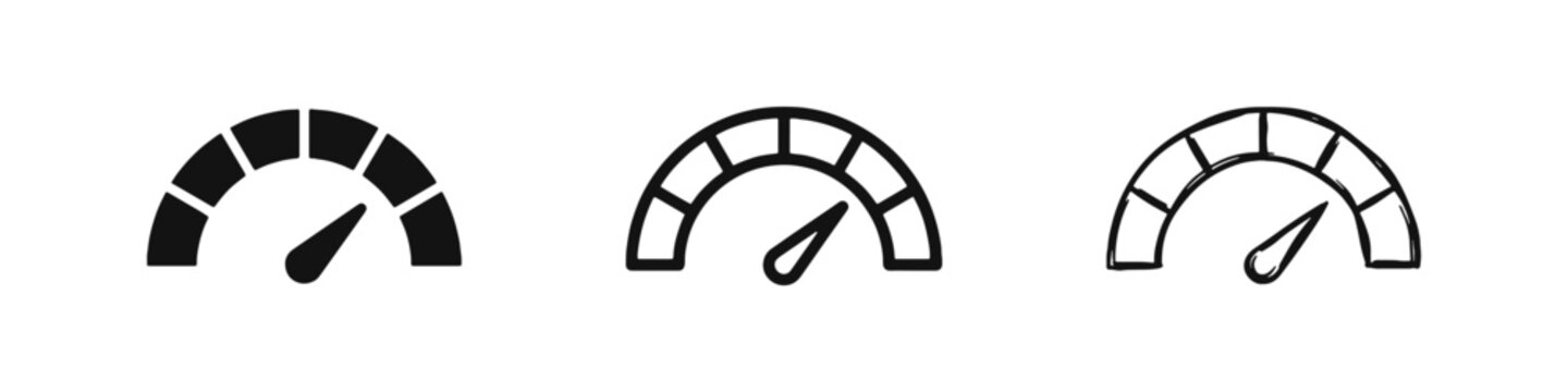 Speedometer and performance gauge icon set. Measurement dial symbol in three styles.