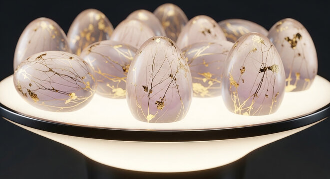 Elegant collection of translucent pink opal eggs adorned with golden leaf patterns under soft studio lighting, arranged on a sleek metallic tray for decorative display